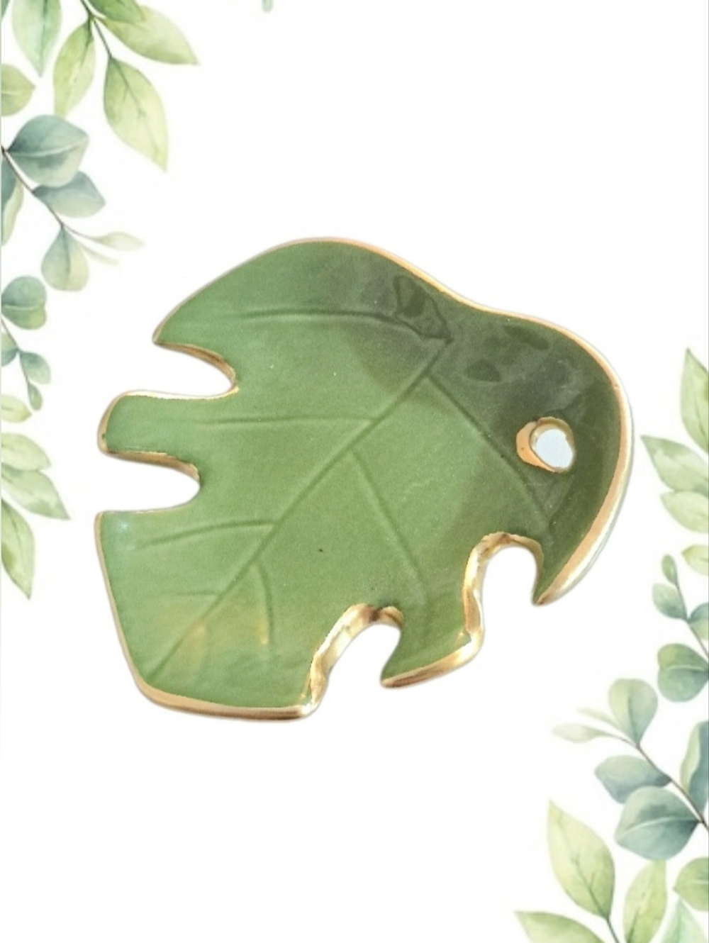 Green Ceramic Monstera Leaf Small Accent Trinket Dish Decoration with Gold Trim